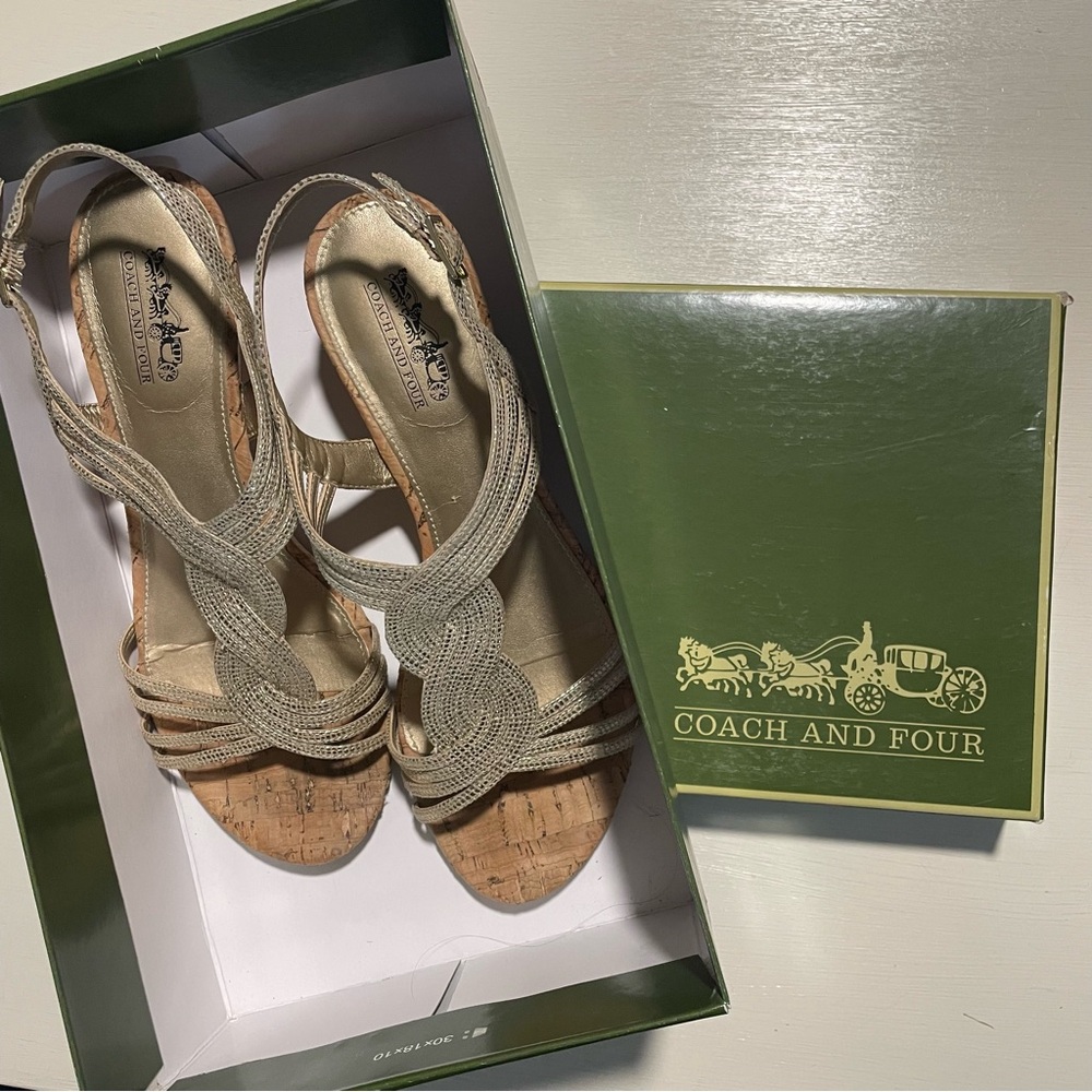 Coach and‎ Four Gold Strappy Metallic Wedge Sandals Size 7.5 Cork Heel